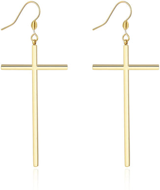 Long Dangle Gold Minimalist Steel Cross Earrings