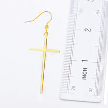 Load image into Gallery viewer, Long Dangle Gold Minimalist Steel Cross Earrings