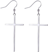 Load image into Gallery viewer, Long Dangle Silver Minimalist Steel Cross Earrings