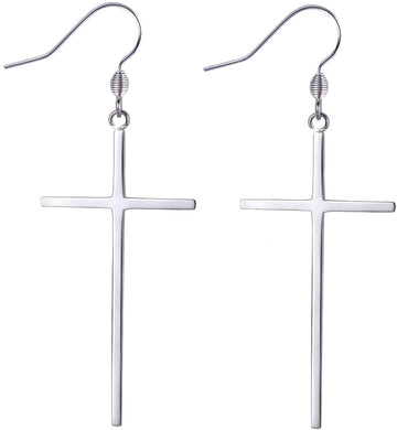 Long Dangle Silver Minimalist Steel Cross Earrings
