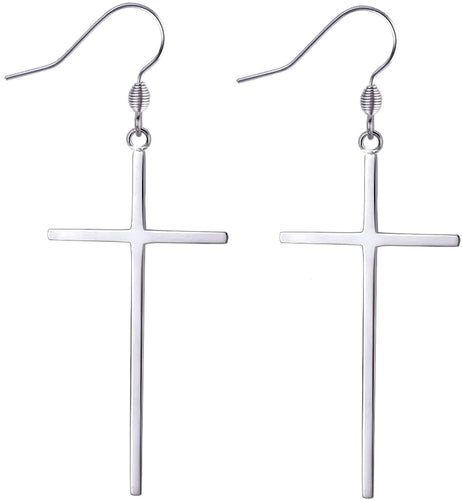 Long Dangle Silver Minimalist Steel Cross Earrings