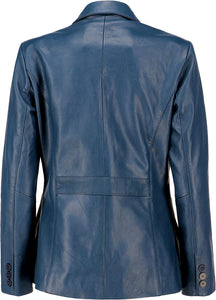 Women's Blue 2-Button Lambskin Leather Long Sleeve Jacket