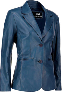 Women's Blue 2-Button Lambskin Leather Long Sleeve Jacket
