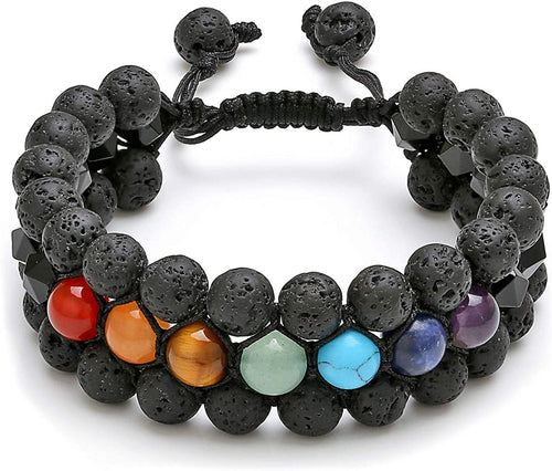 7 Chakras Obsidian Lava Rock Stones Healing Crystals Bracelet