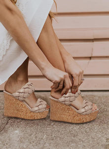 Leather Nude Braided Double Strap Wedge Sandals