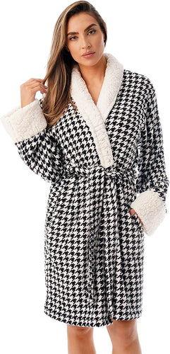 Stylish Houndstooth Sherpa Shawl Collar Women's Robe