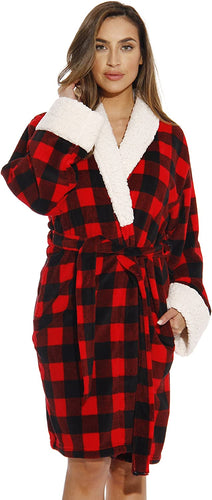 Stylish Red Plaid Sherpa Shawl Collar Women's Robe