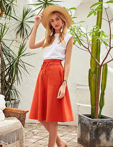 Summer Orange Drawstring Midi Skirt