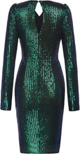 Load image into Gallery viewer, Dark Green Sequin V-Neck Puffle Long Sleeve Ruched Bodycon Dress