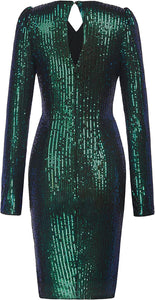 Dark Green Sequin V-Neck Puffle Long Sleeve Ruched Bodycon Dress