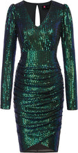 Load image into Gallery viewer, Dark Green Sequin V-Neck Puffle Long Sleeve Ruched Bodycon Dress