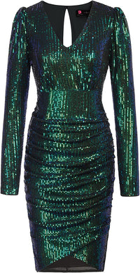 Dark Green Sequin V-Neck Puffle Long Sleeve Ruched Bodycon Dress