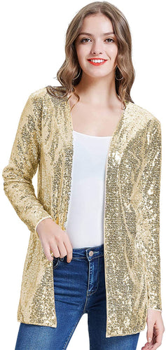 Sparkling Sequin Gold Open Front Long Sleeve Blazer