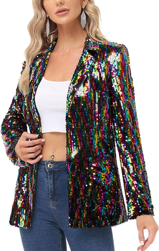 Sparkling Sequin Black Multi Color Open Front Long Sleeve Blazer