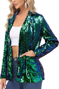 Sparkling Sequin Mermaid Green Open Front Long Sleeve Blazer