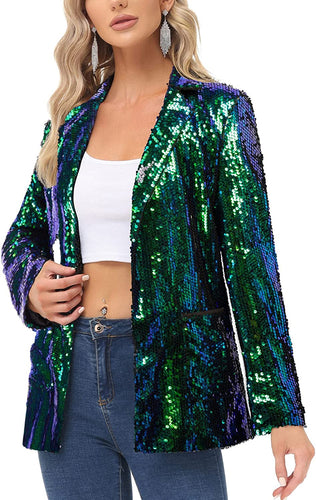 Sparkling Sequin Mermaid Green Open Front Long Sleeve Blazer