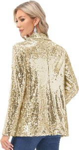 Sparkling Sequin Gold Open Front Long Sleeve Blazer