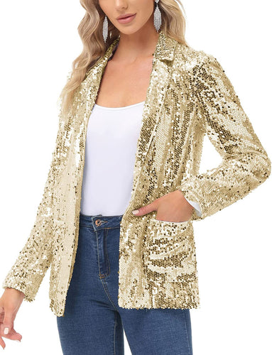 Sparkling Sequin Gold Open Front Long Sleeve Blazer
