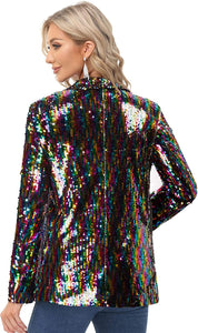 Sparkling Sequin Black Multi Color Open Front Long Sleeve Blazer