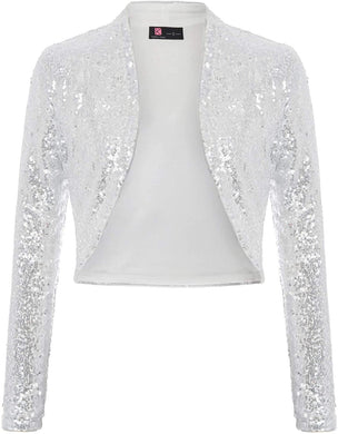 Shiny Silver Sequin Shrug Long Sleeve Open Front Blazer Jacket