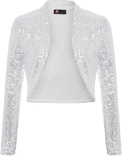 Shiny Silver Sequin Shrug Long Sleeve Open Front Blazer Jacket