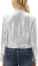 Load image into Gallery viewer, Shiny Silver Sequin Shrug Long Sleeve Open Front Blazer Jacket