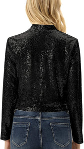 Shiny Black Sequin Shrug Long Sleeve Open Front Blazer Jacket
