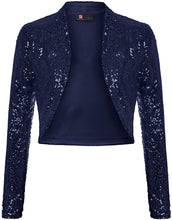 Load image into Gallery viewer, Shiny Black Sequin Shrug Long Sleeve Open Front Blazer Jacket