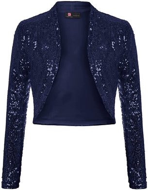 Shiny Dark Blue Sequin Shrug Long Sleeve Open Front Blazer Jacket