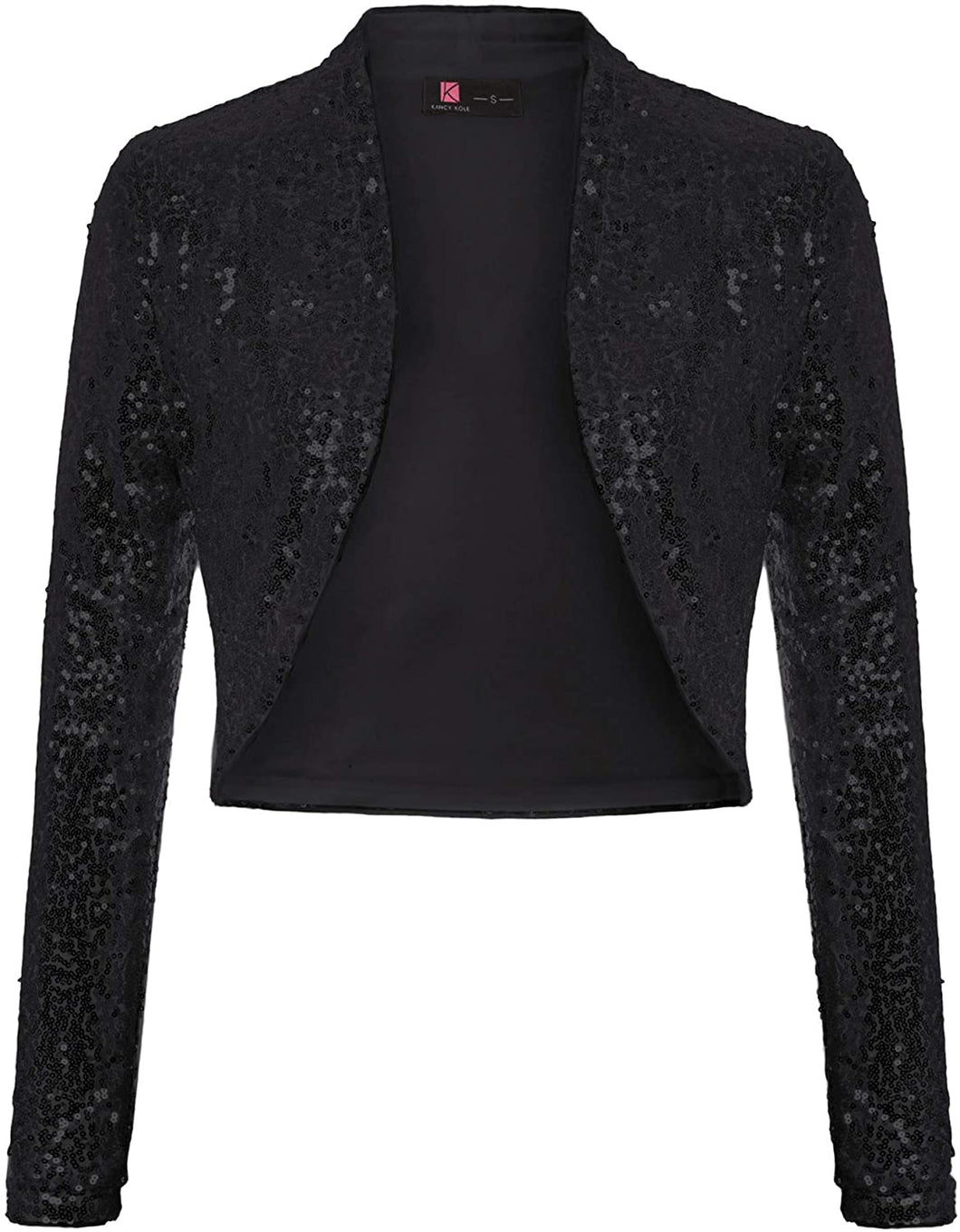 Shiny Black Sequin Shrug Long Sleeve Open Front Blazer Jacket