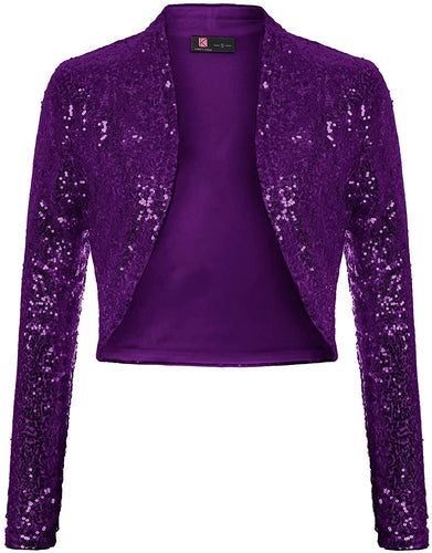 Shiny Purple Sequin Shrug Long Sleeve Open Front Blazer Jacket