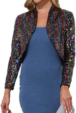 Load image into Gallery viewer, Shiny Silver Sequin Shrug Long Sleeve Open Front Blazer Jacket