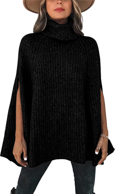 Turtle Neck Black Knitted Poncho Sweater