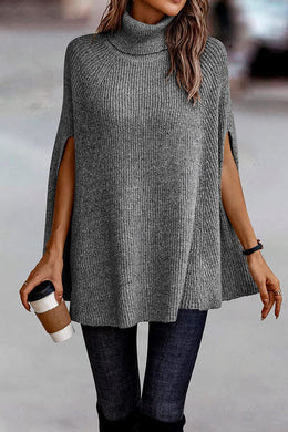 Turtle Neck Grey Knitted Poncho Sweater