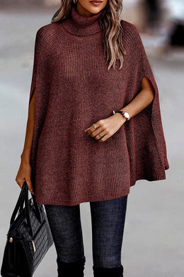 Turtle Neck Red Brown Knitted Poncho Sweater