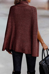 Turtle Neck Red Brown Knitted Poncho Sweater