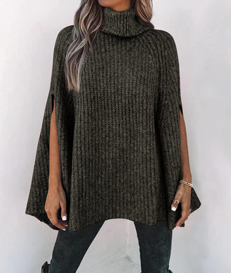 Turtle Neck Army Green Knitted Poncho Sweater