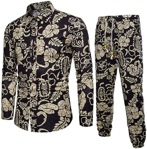 Men's Black Floral Long Sleeve 2 Piece Men's Tracksuit