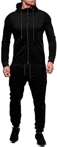 Solid Black Hooded Athletic 2 Pieces Tracksuits