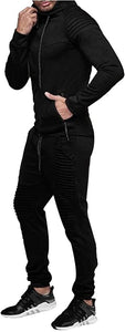 Solid Black Hooded Athletic 2 Pieces Tracksuits