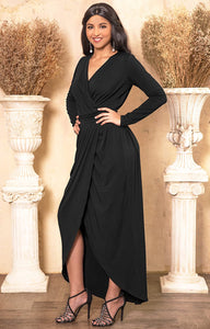 Plus Size Black Formal Wrap Long Sleeve Maxi Dress