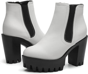Nellies White Chunky Heel Ankle Cut Platform Booties