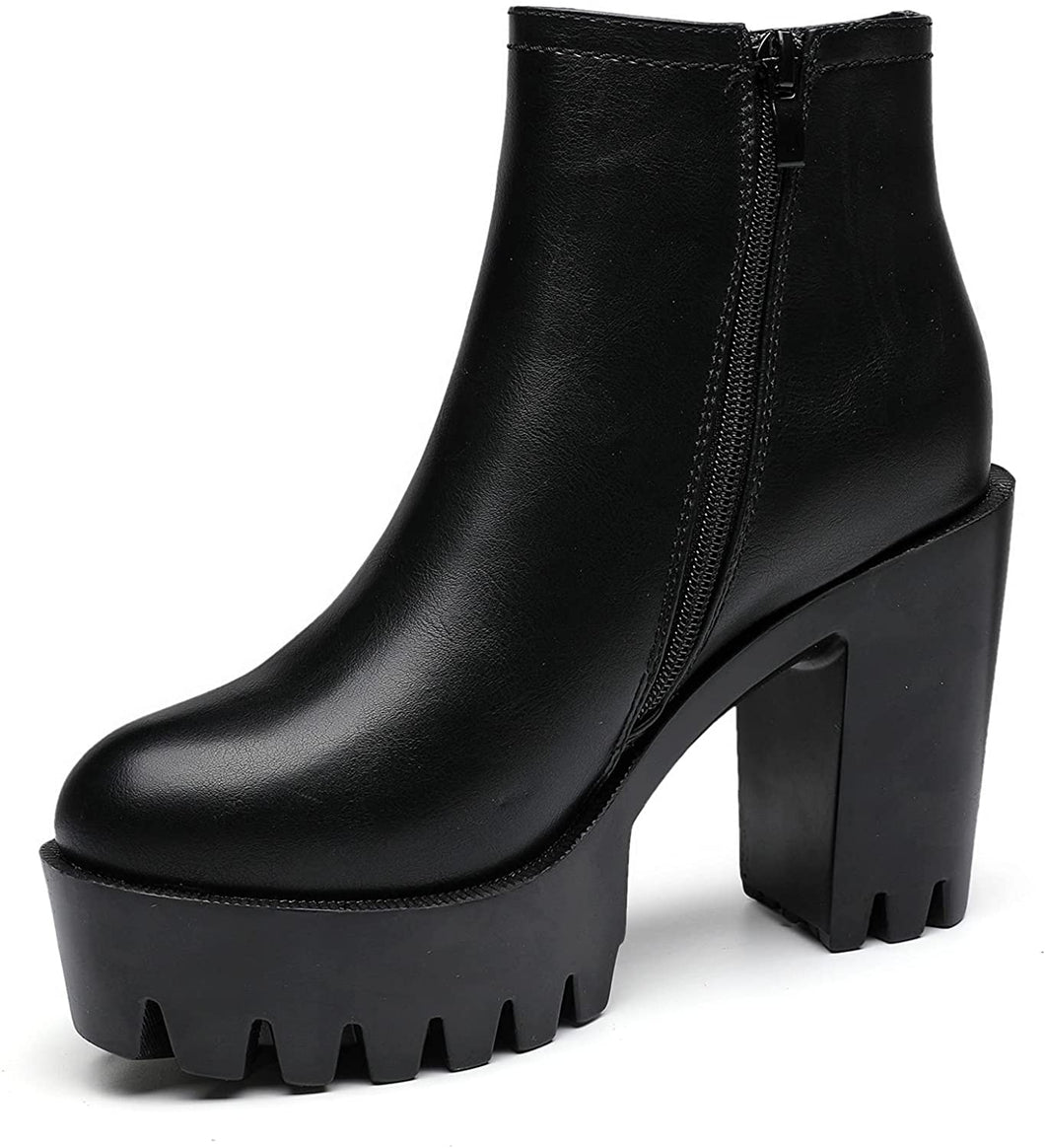 Nellies Black Chunky Heel Ankle Cut Platform Booties