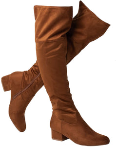 Suede Chunky Heel Brown Stretch Winter Knee High Boots
