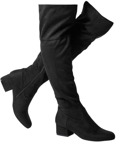 Suede Chunky Heel Black Stretch Winter Knee High Boots