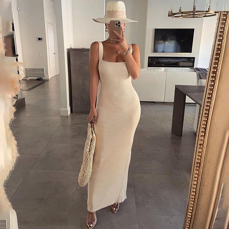 Knitted White Backless Chic Split Maxi Dress