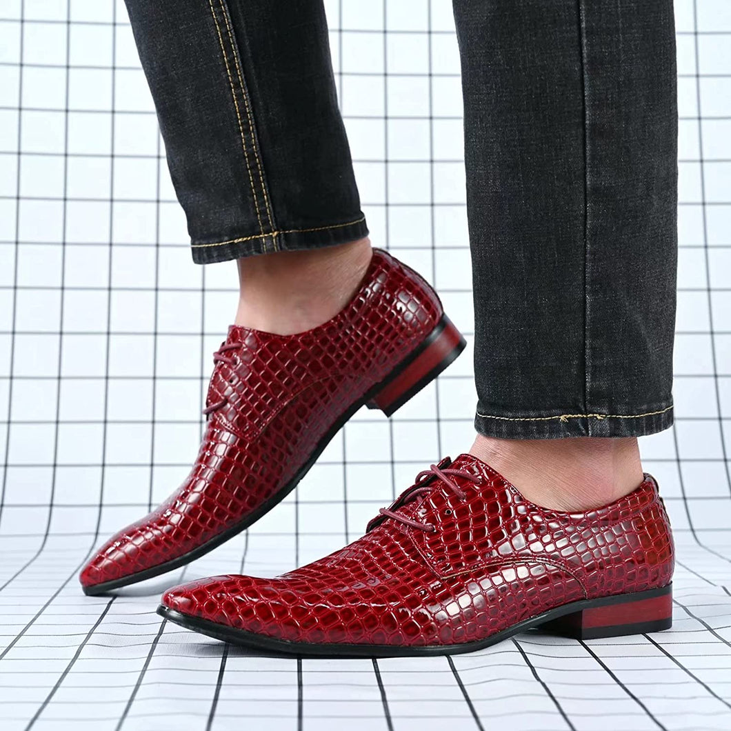 Men's Crocodile Print Red Leather Oxford Dress Shoes