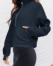 Load image into Gallery viewer, Navy Blue Half Zip Long Sleeve Cropped Fleece Lined Sweater