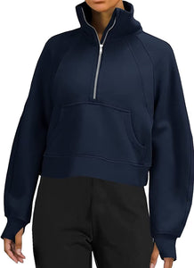Navy Blue Half Zip Long Sleeve Cropped Fleece Lined Sweater
