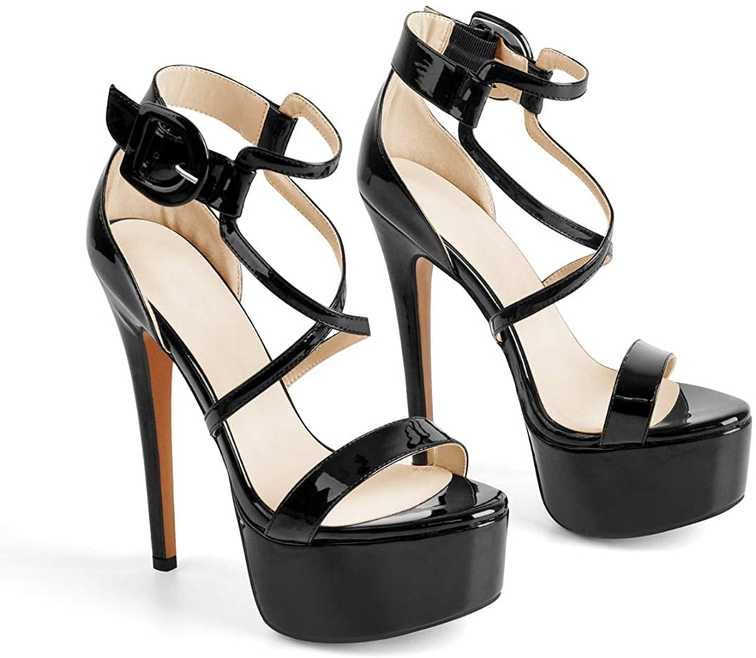 Platform Stiletto Black Open Toe Crisscross Sandals